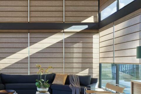 Hunter Douglas Roller Shades in a trendy living room near Richmond, VA