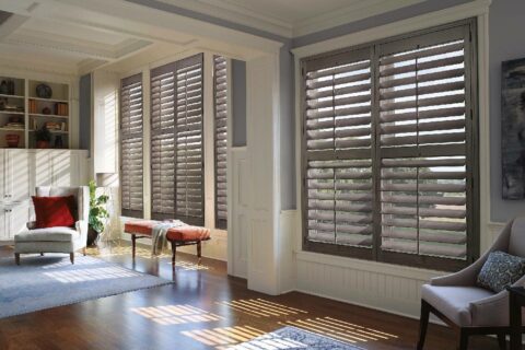 Plantation shutters in a living room near Richmond, VA