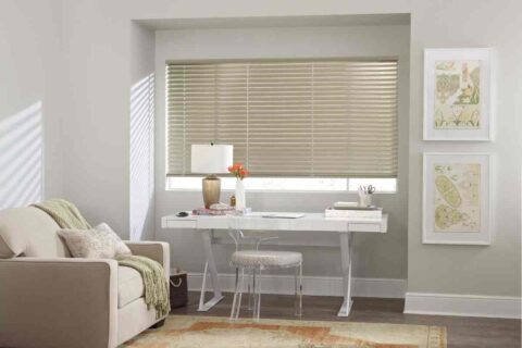 Hunter Douglas metal blinds covering a short, wide window in an office near Richmond, VA.