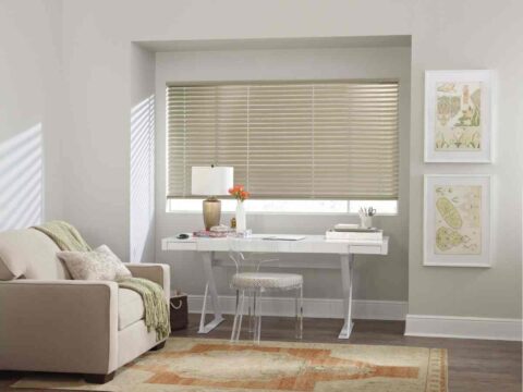 Hunter Douglas metal blinds covering a short, wide window in an office near Richmond, VA.