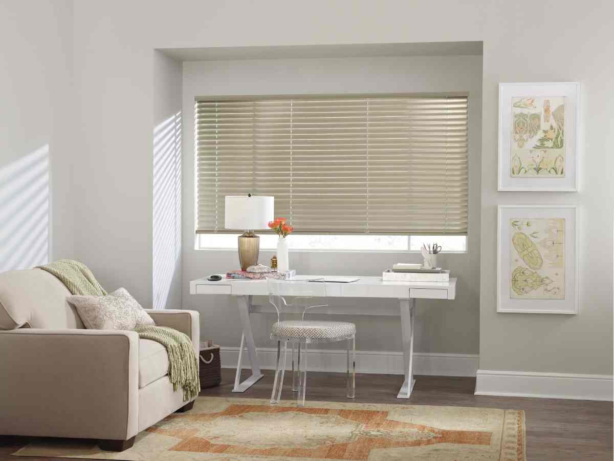 Hunter Douglas metal blinds covering a short, wide window in an office near Richmond, VA.