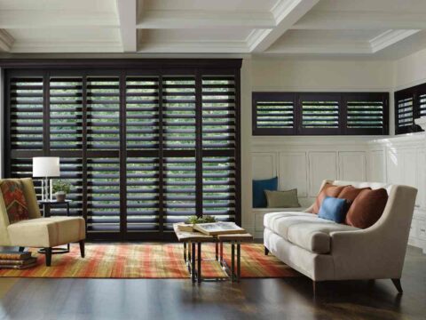 Brown Hunter Douglas plantation shutters blocking light in a traditional living room near Richmond, VA.