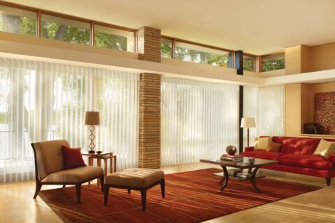 Hunter Douglas Luminette® Sheer Panels covering large windows in a Virginia home at Andrew Norris And Associates near Richmond, VA