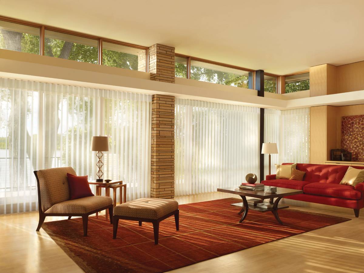 Hunter Douglas Luminette® Sheer Panels covering large windows in a Virginia home at Andrew Norris And Associates near Richmond, VA