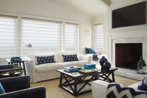 Hunter Douglas Vignette® Roman Shades covering windows in a contemporary living room.
