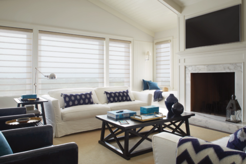 Hunter Douglas Vignette® Roman Shades covering windows in a contemporary living room.