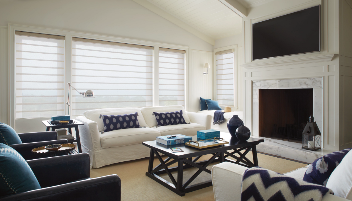 Hunter Douglas Vignette® Roman Shades covering windows in a contemporary living room.  