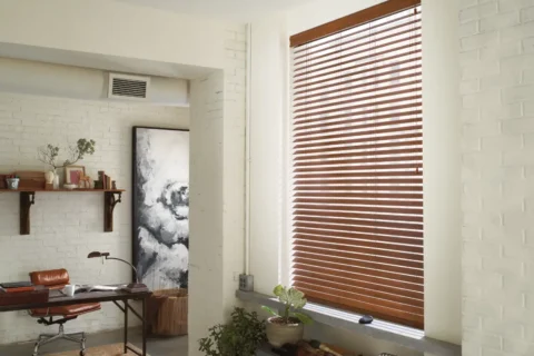 Hunter Douglas Everwood® Faux Wood Blinds in a modern farmhouse home office.