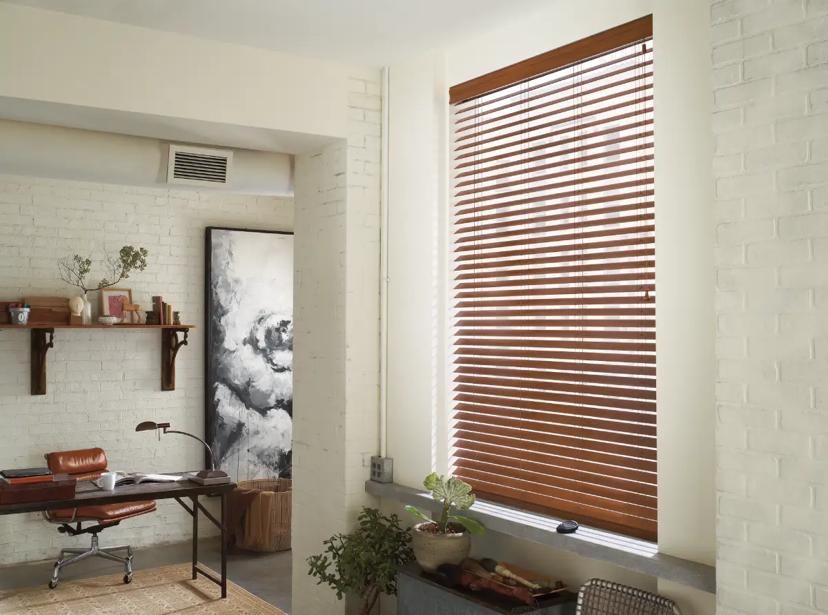 Hunter Douglas Everwood® Faux Wood Blinds in a modern farmhouse home office.